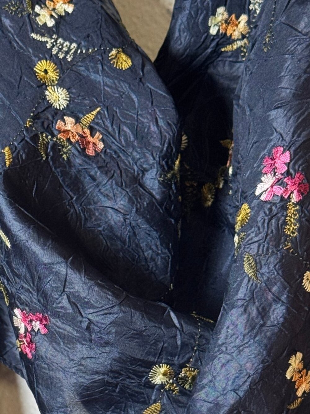 100% Silk Scarf, Embroidered Floral Vietnamese Silk, Navy, Pink Flowers, Tassels